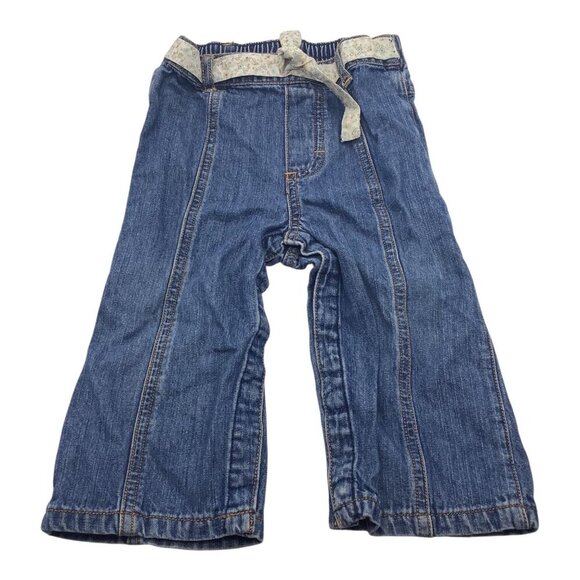 Carter's Denim Jeans Baby Girl Size 18M Floral Tie Belt & Elastic Waistband Blue - Picture 1 of 9